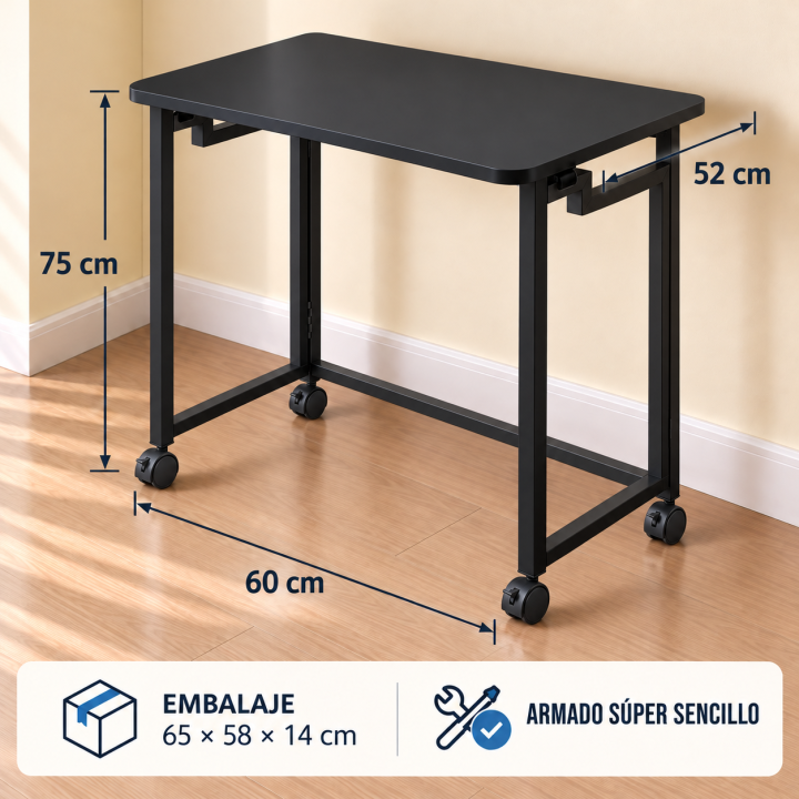 Escritorio plegable negro con medidas técnicas-5